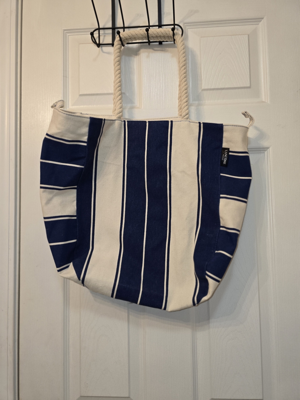 Lancome Paris Nautical Stripe Canvas Tote Bag - Navy & Cream EUC
